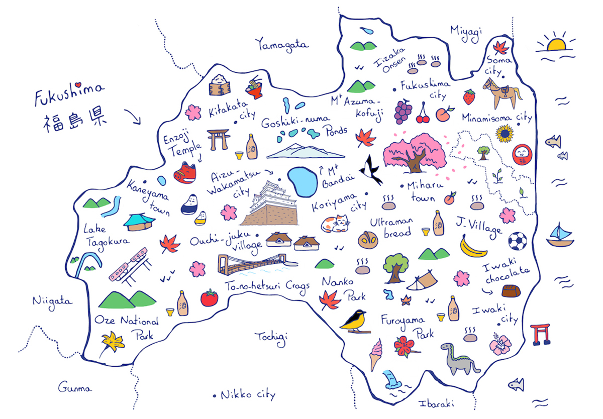 An illustrated map of Fukushima, designed by Bouquet, showcases notable highlights of the prefecture. | EMILIE BOUQUET