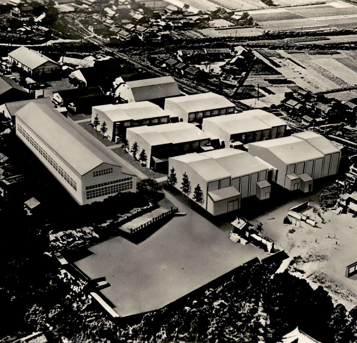 An aerial photo of Toei Studios Kyoto in the Uzumasa district of Kyoto in 1958